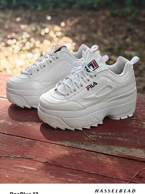 Fila Women's White Platform Disruptor II Sneakers with Navy & Red Accents